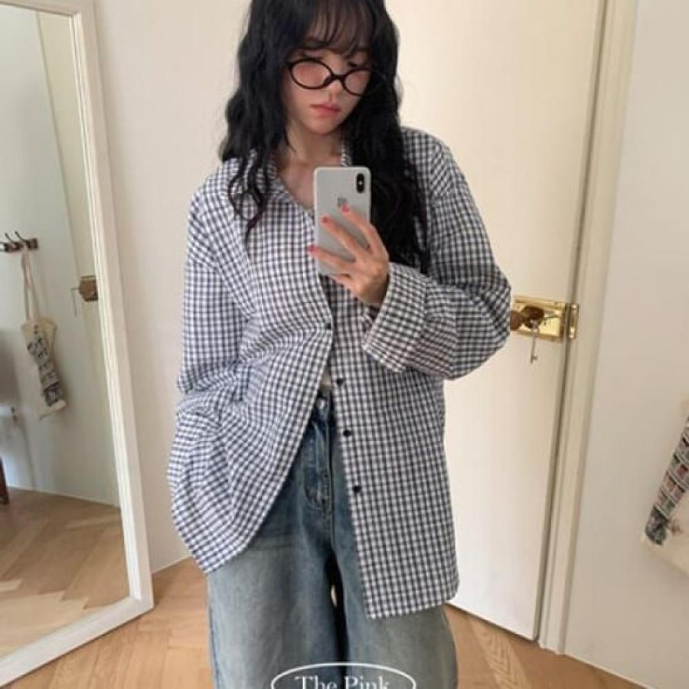 The Pink Unisex Overfit Wrinkle Check Shirt