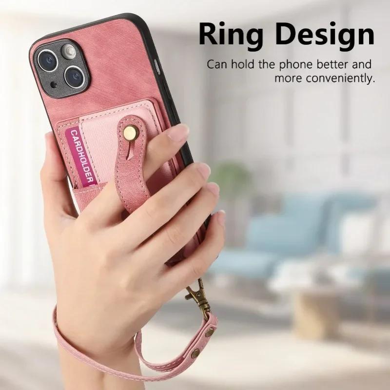 Wrist Strap PU Leather Stand Phone Case for IPhone 13 12 Mini 16 15 14 11 Pro Max XS X XR 8 7 Plus Wallet with Card Holder Cover