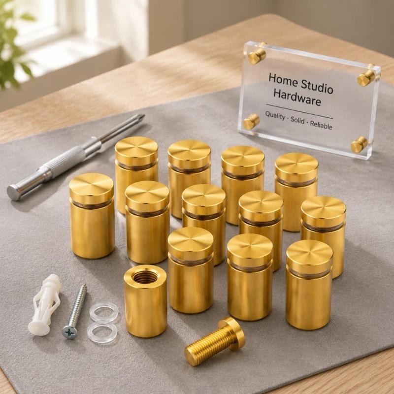 Acrylic Frame Mounting Posts with Threaded Cap-and-Body Construction, 12-Piece Gold-Finish Set for Wall Sign, Art Panel, and Display Board Use