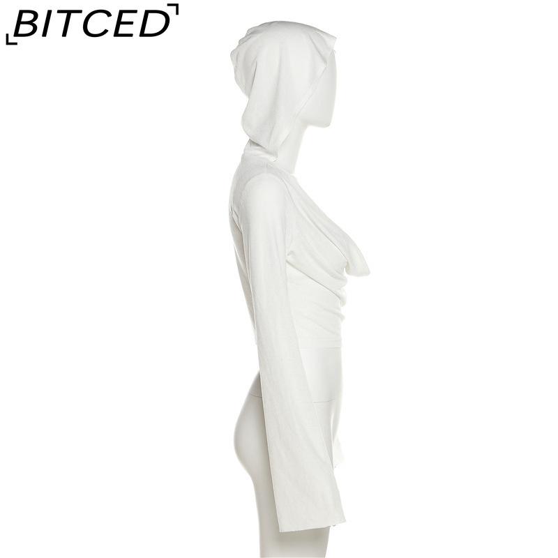 BITCED Spring Women's Solid-Color Slim-Fit Crop Top Fashion V-Neck Hooded Long-Sleeve Sun Protection Shirt