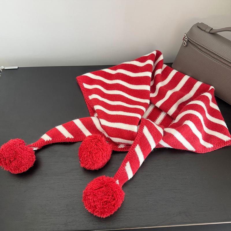 

Japanese Handmade Ball Striped Triangle Scarf New Warm Scarf Striped Scarf with Shawl 38*136cm