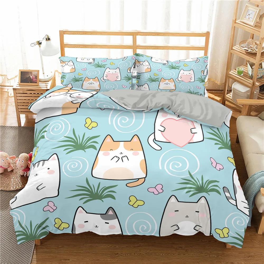 Sevimli Evcil Kediler Yatak Takımı Karikatür Yavru Kedi Baskılı Yorgan Kılıfı Yastık Kılıfı Kız İkiz Tam King Çift Kişilik Polyester Yorgan Kılıfı