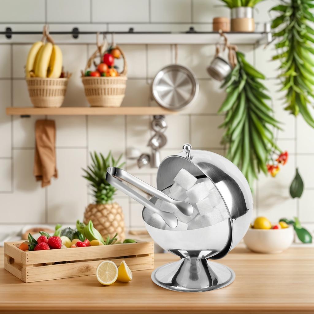 Practical Spherical Sugar Holder with Stainless Steel Clip Snacks Serving Bowl Rustproof Spices Jar Kitchen Tool