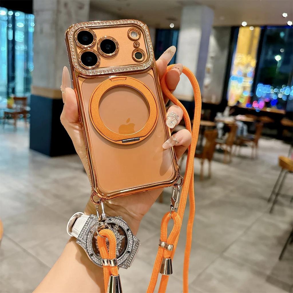 Crossbody Lanyard Electroplated Rotating Stand Magnetic Phone Case for IPhone Air 17 16 Plus 15 14 13 Pro Max for Magsafe Cover