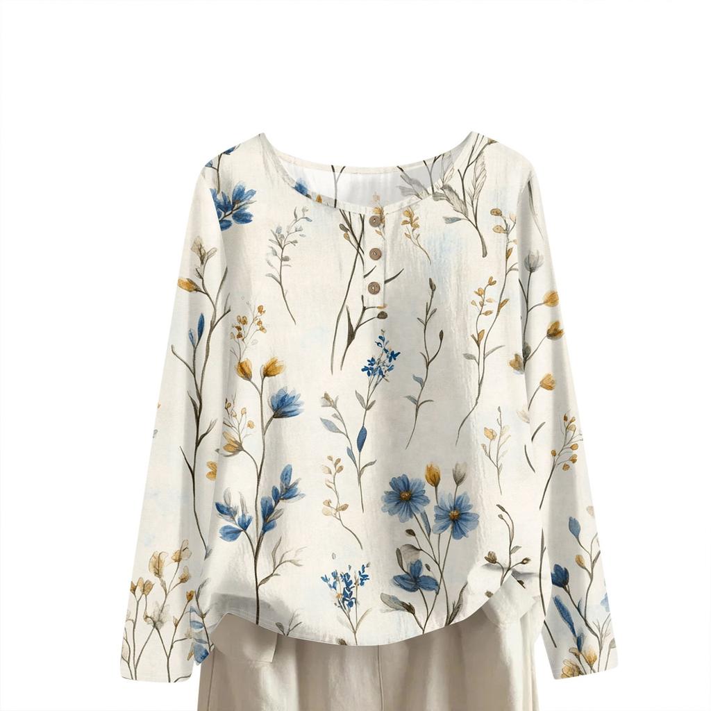 Women's Fashionable And Casual Shirt Long Sleeve Round Neck Solid-color Cotton And Linen Blouse Top