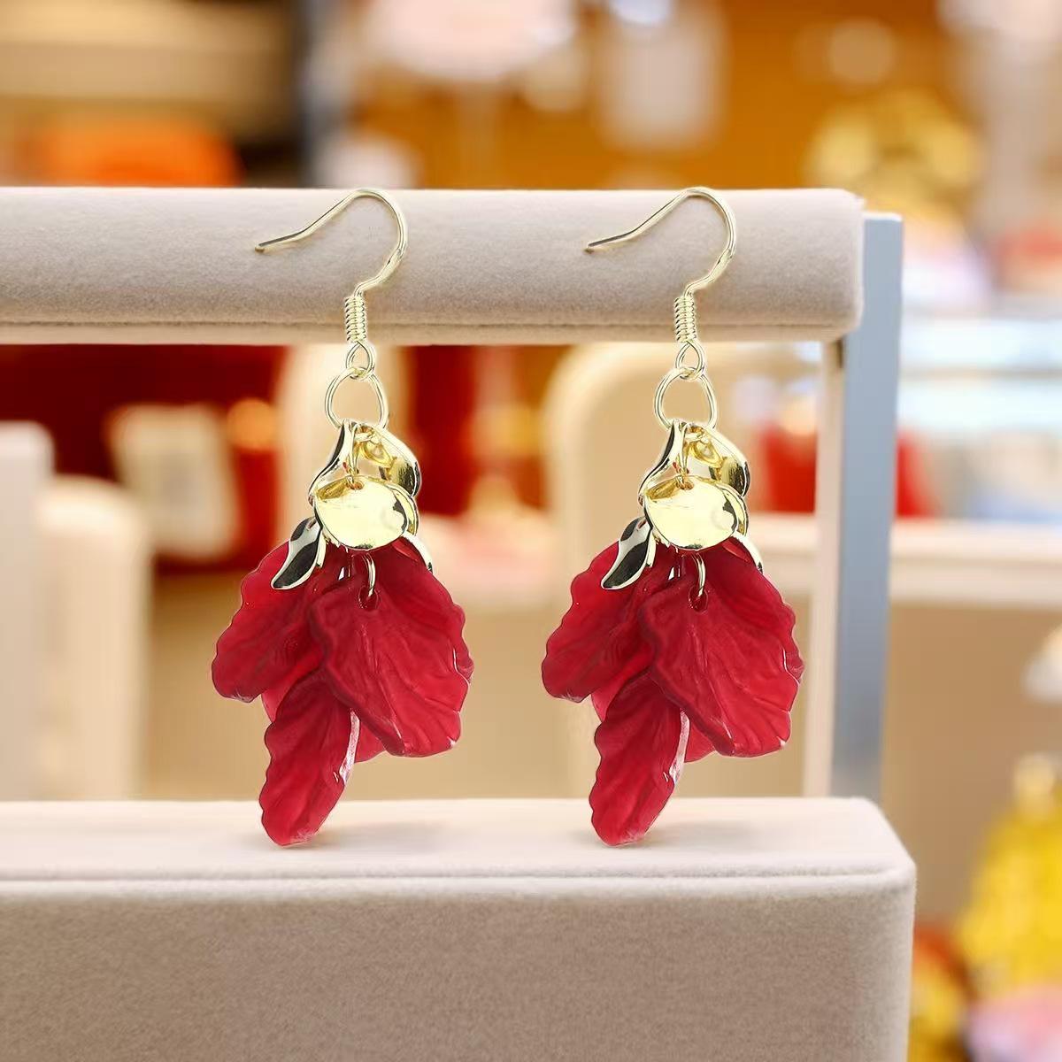 Elegant Retro Red Petal Tassel Earrings with Pearls for Women