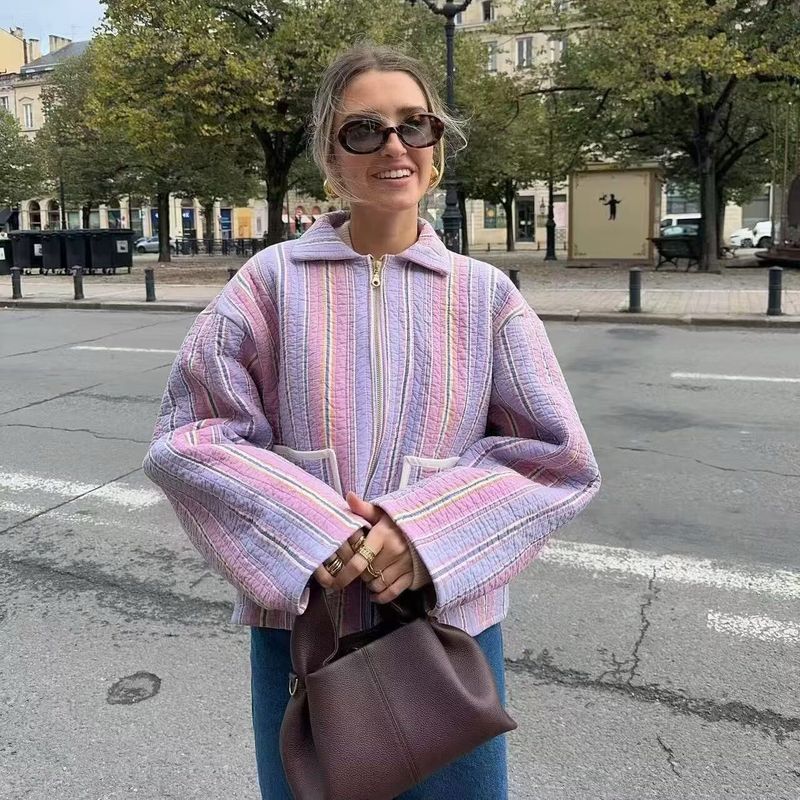 Counter Same Zbzr Autumn New Women Clothes Western Style Fashion Design Basic Stripe Cotton-Padded Coat Outerwear