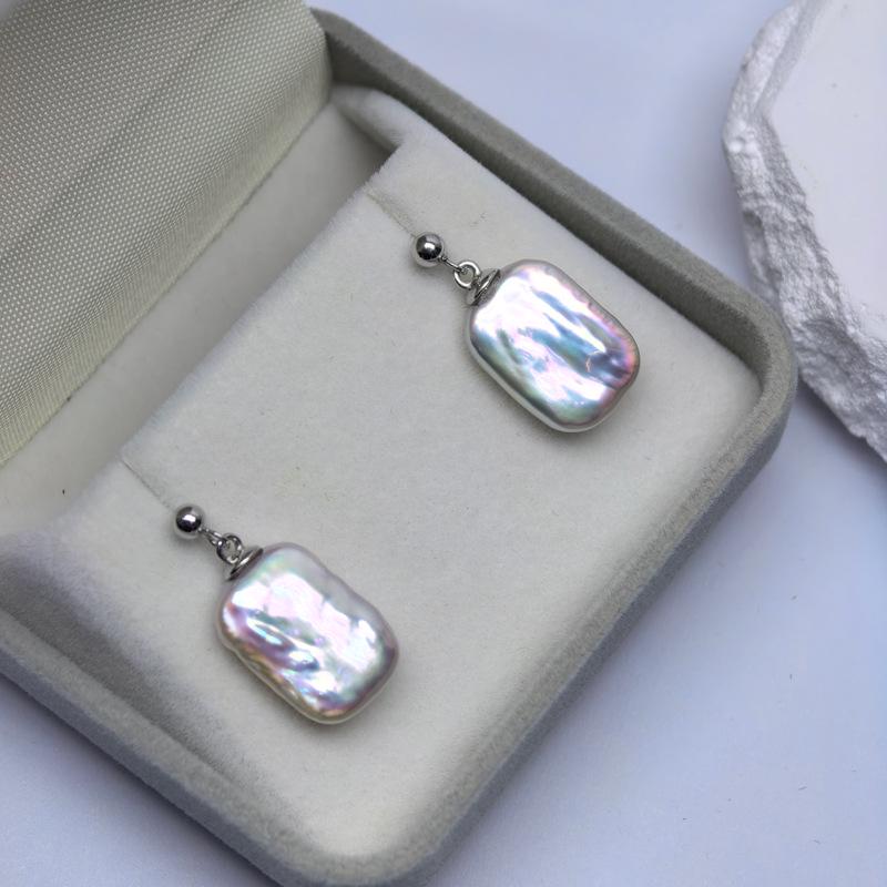 

Zhuji Freshwater Pearl S925 Baroque Square Stud Earrings Premium Selected Smooth Block