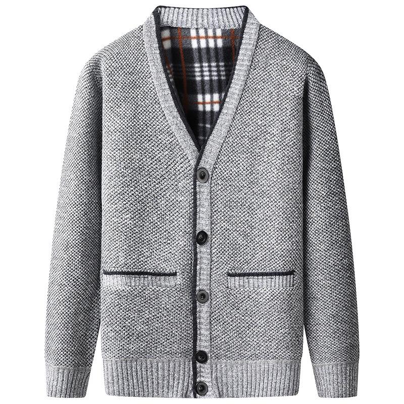 New Winter Casual Velvet Men's Knitted Long Sleeve V-Neck Cardigan Jacket