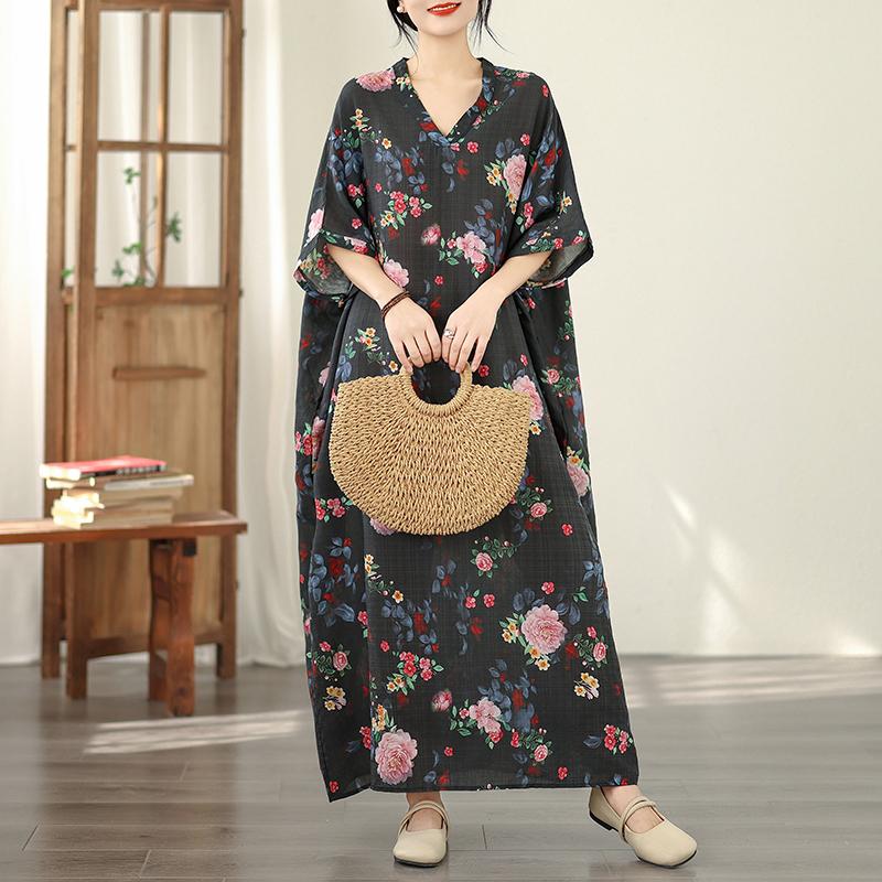 DIMANAF New 2026 Women Plus Size Spring Summer Beach Vintage Floral Print Black Long Dress Loose Oversize Maxi