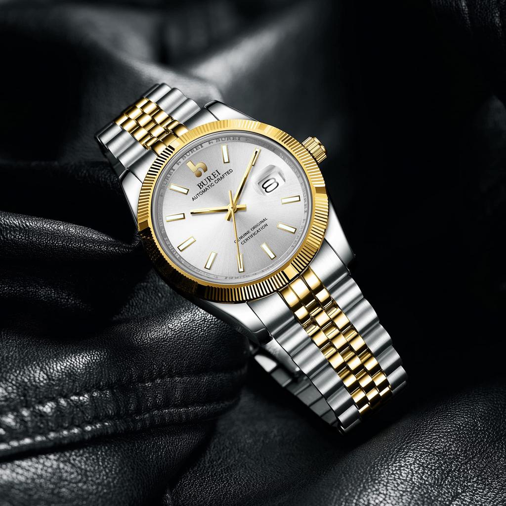 BUREI Men's Automatic Mechanical Watch Simple Business Waterproof Gold Silver White Watch for Men Fashion Gift