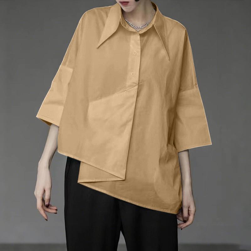 

ZANZEA Женская повседневная блузка с отложным воротником, свободного кроя, с неровным подолом, с рукавами 3/4 и застежкой на пуговицы 2XL хаки