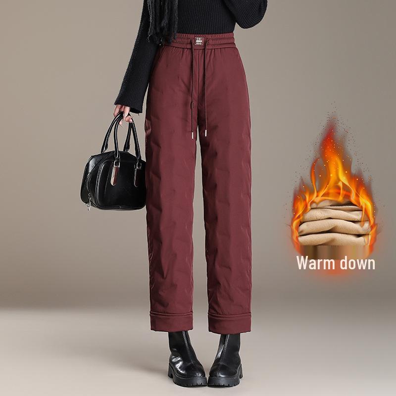 

Women s Winter High-Waist White Duck Down Cotton Pants - Loose, Thickened, Bootcut, Plus Velvet for Warmth L красный