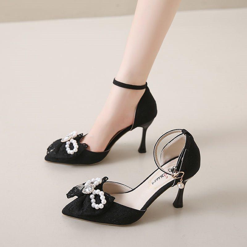 High Heels Women's New Spring and Autumn Hollow Pointed Pearl Bow One-word Buckle Stiletto Single Shoes Women