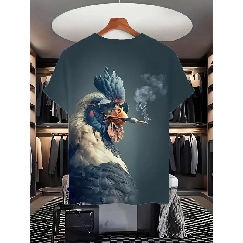 Summer Round Neck Colorful Rooster Graphic 3D Print Top Fashionable Casual Short Sleeved Men's T-shirts