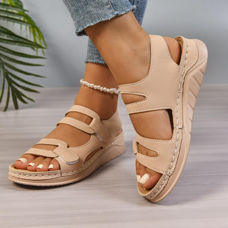 Fashion Casual Hollow Out Nude Velcro Sandals Women 2025 Summer Round Toe Wedge Heel Sandals Comfortable Soft Sole Non Slip Mom's Shoes