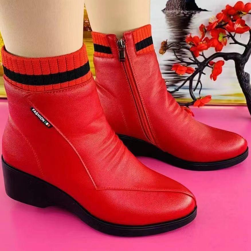 

Winter Real Hair Ladies S Snow Boots Fashionable Warm Plush Boots Ladies Round Toe Zip Slope Heel Snow Boots 39RU/CN40 красный