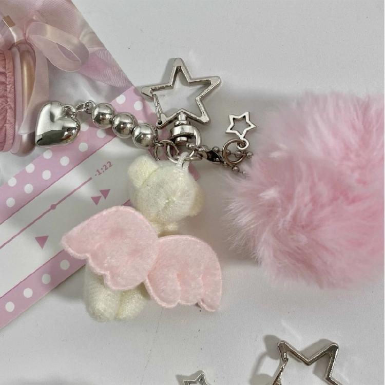 Pompoms Adorned Bear Keyring Plush Animal Keychain Pendant Handmade Phone Charm Unique Gift for Children and Teens
