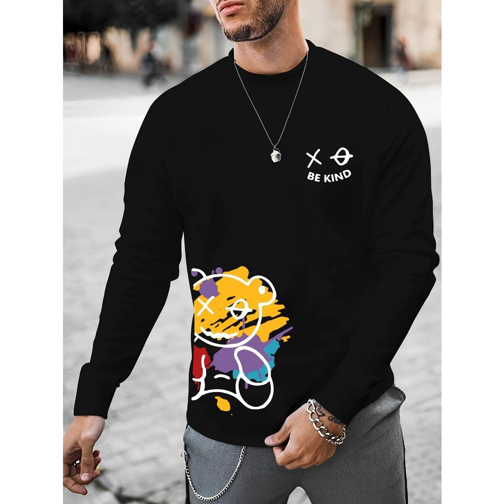 Men's Loose Fit Comfortable Casual Bear Cartoon Pattern Printed Round Neck Long Sleeved T-shirt Top