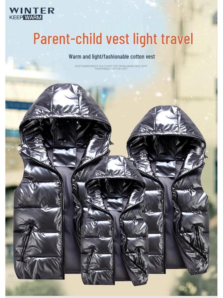 2024 Modische glänzende Baumwollweste für mittelgroße bis große Kinder & Partnerlook für Eltern und Kind Schuluniform Ärmellose Jacke