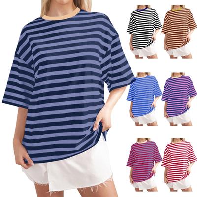 Women Oversized Striped Color Block Shirt Short Sleeve O-Neck T-Shirts Casual Loose Pullover Tops Summer Tee Tops