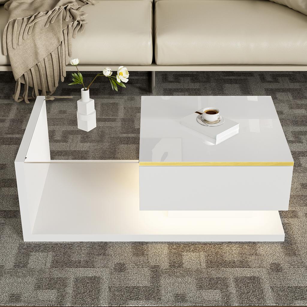 90 cm Langer Couchtisch, Hochglanz Weiß. Beistelltische, Couchtische mit Glas und LED-Effekt