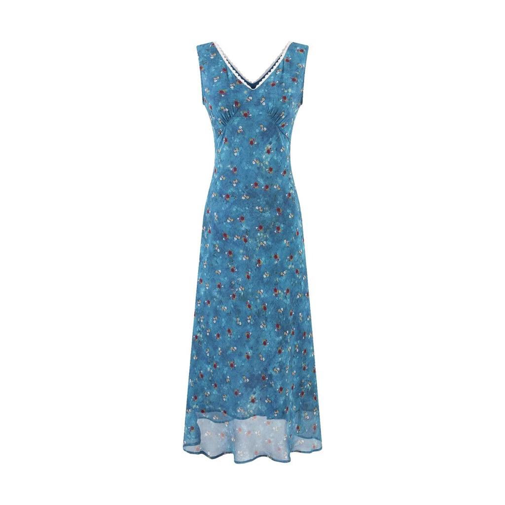 Summer New French Retro Blue Floral V-neck Lace-up Waist Sleeveless Dress Medium Dress