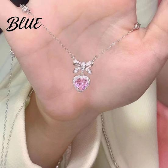 Women Heart Necklace Sparkling Rhinestones Bow Design Romantic Gift Pendant