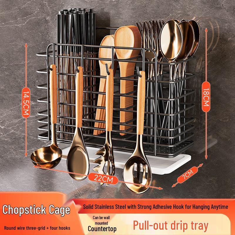 Wall-Mounted Stainless Steel Kitchen Utensil Holder for Chopsticks, Knives, and Forks
