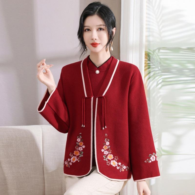 Mom autumn and winter fashion knitted long-sleeved two-piece set medium and old women's cardigan jacket top