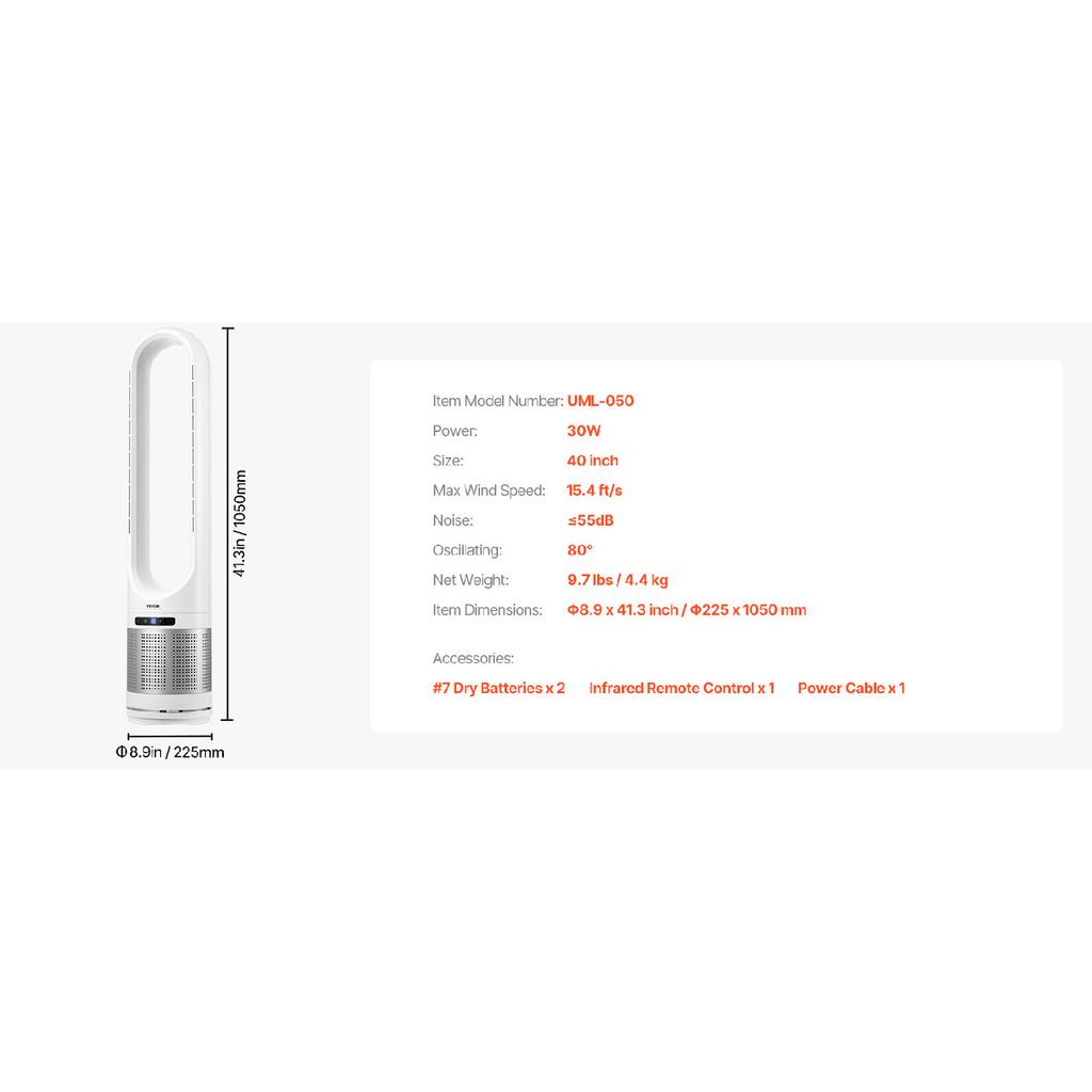 VEVOR Tower Fan Bladeless 15.4ft/s Velocity Floor Blows Cold Air 80° Oscillating 8-Speed Fans 8e Control & Air Purification Mode