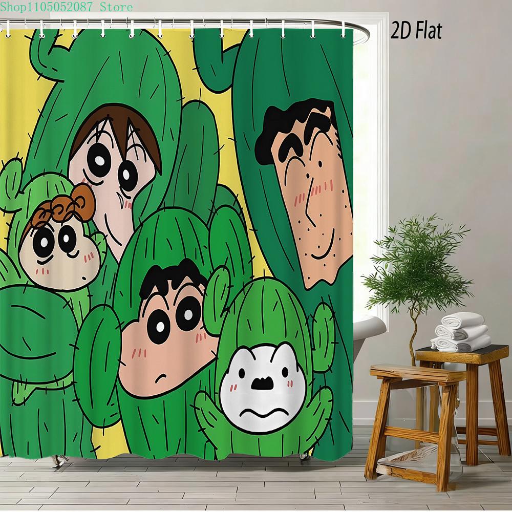 Crayon Shin-Chan & Shiro Checkerboard Pattern With Camera & Radio 2D Print Waterproof Shower Curtain, Yellow & White Bathroom De