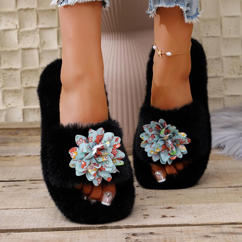 Fashion Fashion Flower Decoration Faux Fur Slides Women 2025 Autumn Round Toe Low Heel Slippers Soft Sole Short Plush Outdoor Slippers