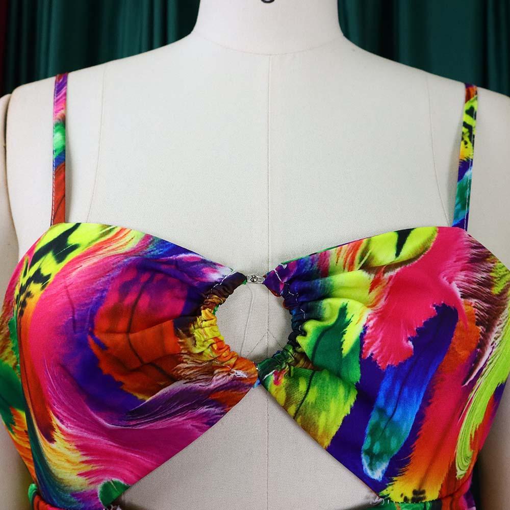 Women's Sexy Spaghetti Strap Colorful Print Maxi Dress, Backless Cut Out High Waist Tiered Beach Vacation Evening Party Gown