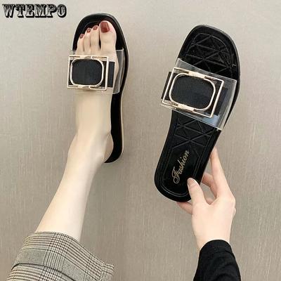 Square Buckle Slippers Female Summer Wear Beach Slippers Ladies Peep Toe Soft Flat Bottom Sandals