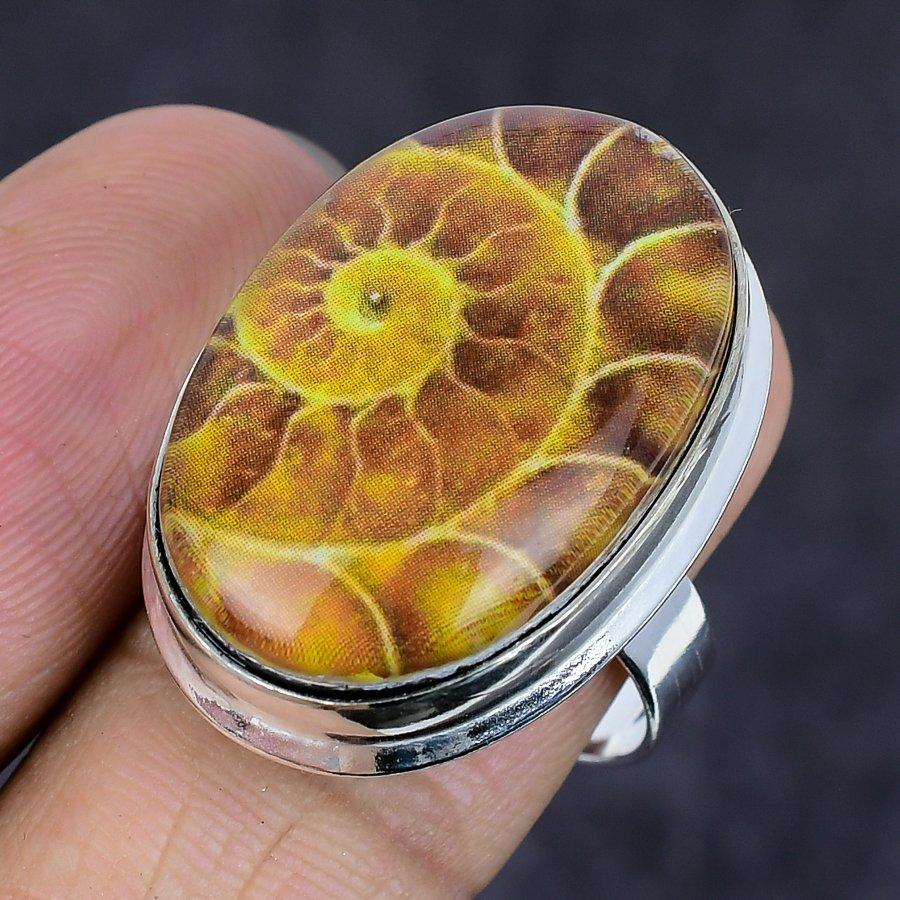 Ammonite Fossil Gemstone 925 Sterling Silver Jewelry Ring Size 9