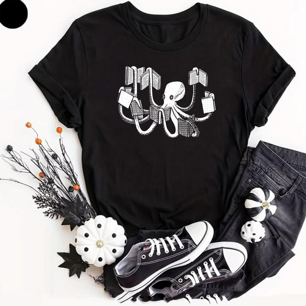 Funny Octopus Mens T-Shirt Reading Book Sea Life Cute Animal Nerd Gifts Unisex