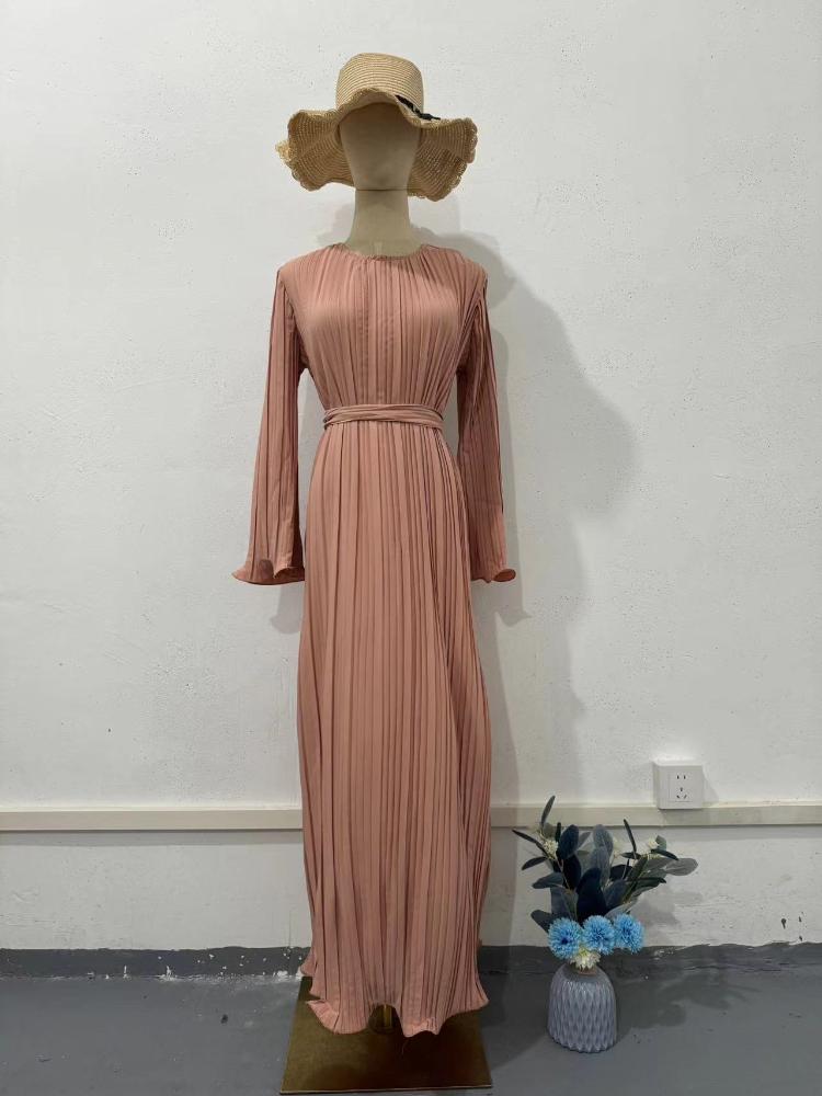 Pleated Maxi Dress Long Flared Sleeves Fitted Waist Elegant Women's Party Dress Casual Ankle-Length
