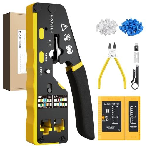 Proster RJ45 Crimping Tool, LAN Connector Crimping Pliers, Compatible with RJ45/RJ11/RJ12, CAT5/CAT6/CAT7, LAN Checker, CAT6 Connector & Protective Co