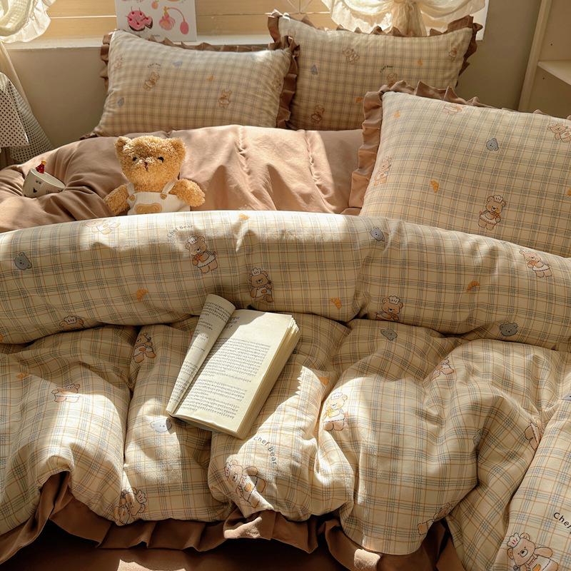Knitted cotton double-layer yarn bed four-piece set of small floral quilt cover washed cotton student dormitory skin-friendly soft waxy three-piece