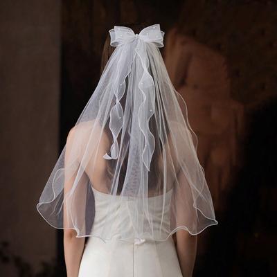 1 Stück Schleife & Perlen Dekor Braut Hochzeit Kurzer Schleier, Niedliches & Schlichtes Kantendesign