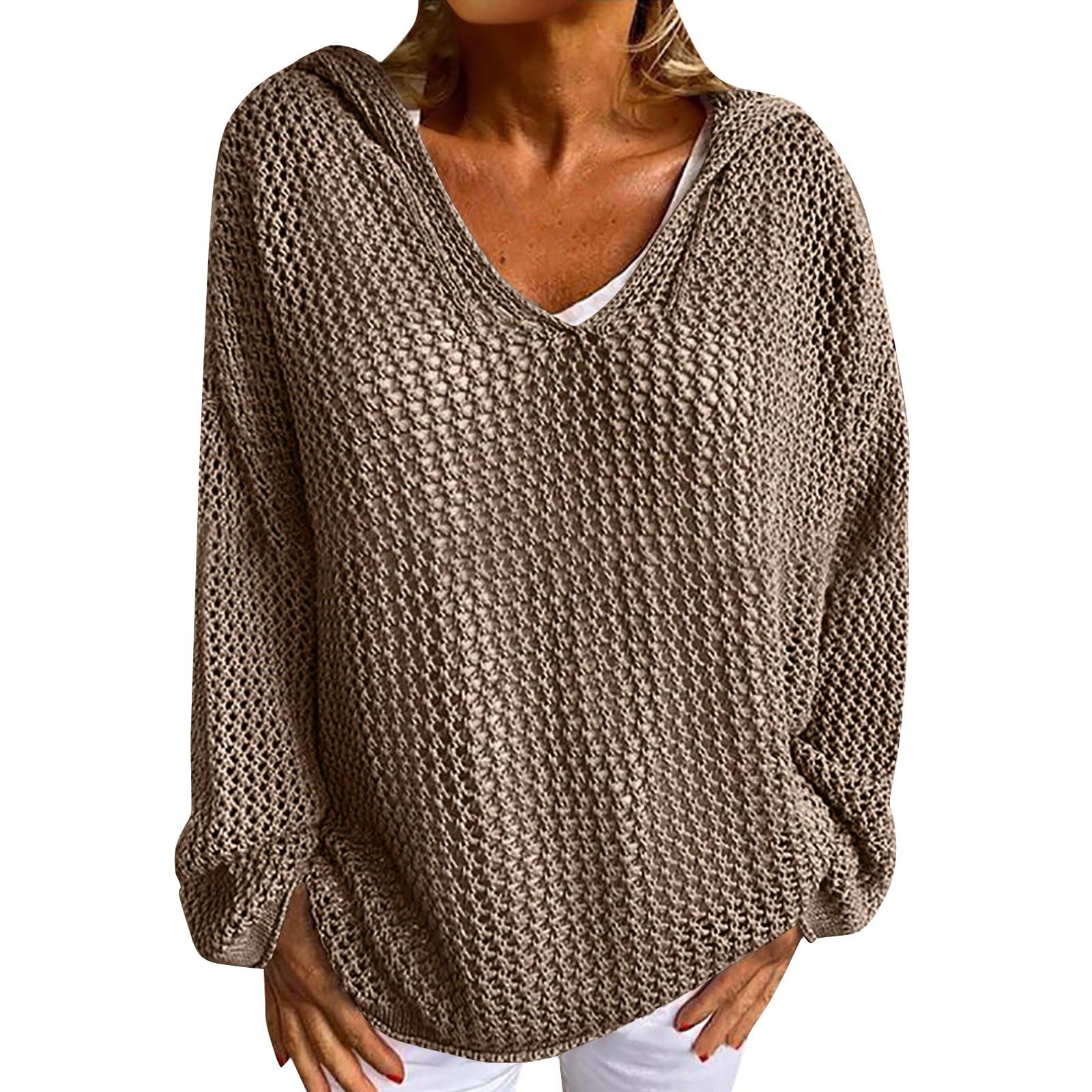 Женский повседневный модный удобный внешний трикотажный свитер с капюшоном тонкий свободный однотонный с вырезом XL 2198₽