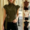 High Neck Sleeveless Metal Buckle Belt Waist Cinching Slim Fit Commuter Blouse