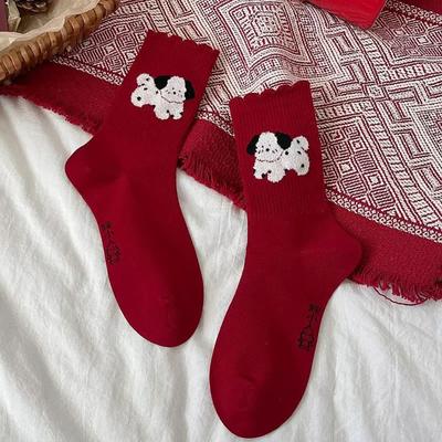 Cute Cotton New Year Socks Soft Comfortable Cartoon Red Socks Elastic Breathable Year of The Horse Socks Holiday Events
