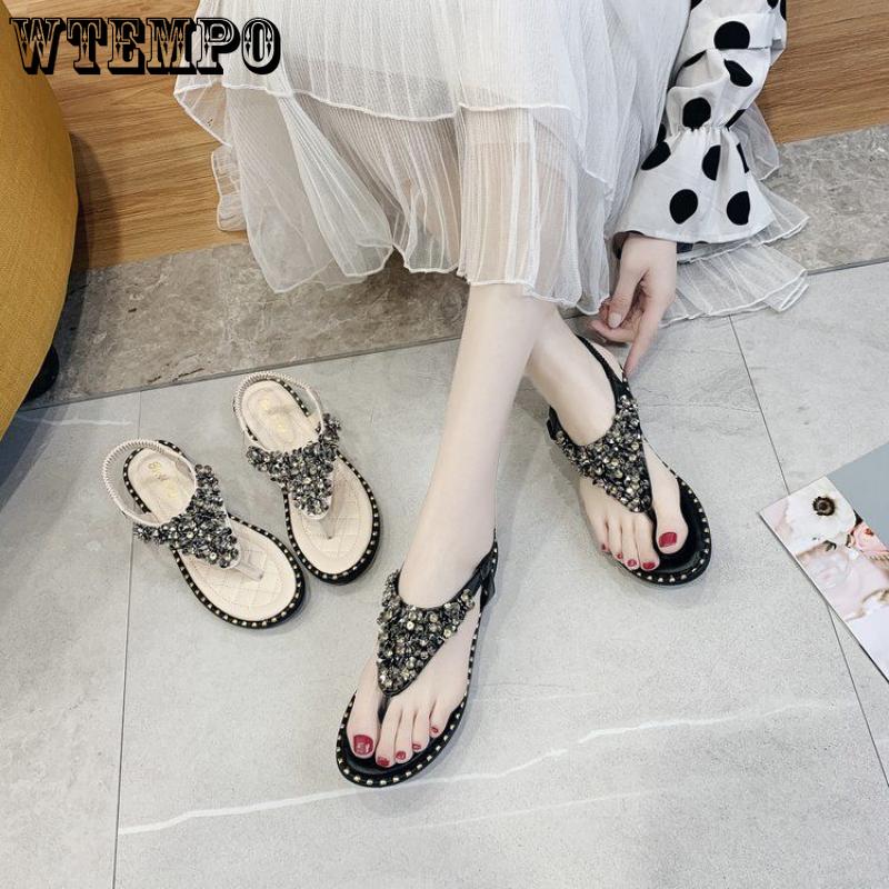 Sommer Damen Sandalen Clip Toe Female Fairy Wind New Strass Bohemian Flat Bottom Strandschuhe Sandalen Gummimaterial