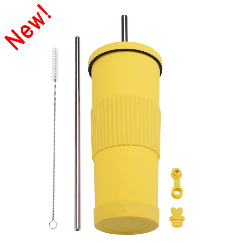 830Ml Stainless Steel Straw Cup Large Capacity Non-Slip Sleeve Straw Thermos Cup Simple Car Water Cup