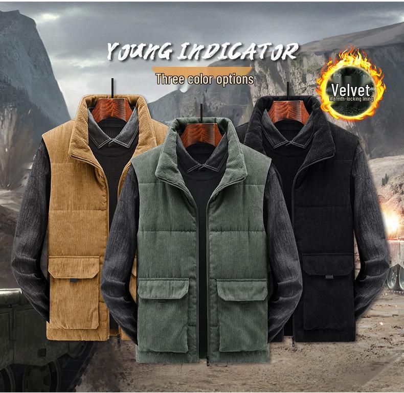 Men's Winter Fleece-Lined Corduroy Vest - Thick, Plus Size, Stand Collar, Sleeveless Jacket with Multi-Pocket Design.