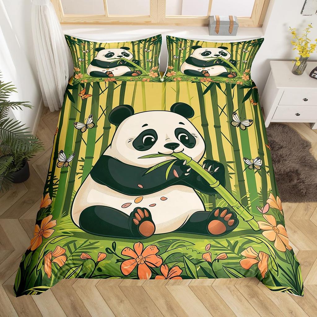 Cute Panda Duvet Cover Set Twin Queen Cartoon Wild Animal Bedding Set Minimalism Hand Drawn Comforter Cover Kawaii Room Decor