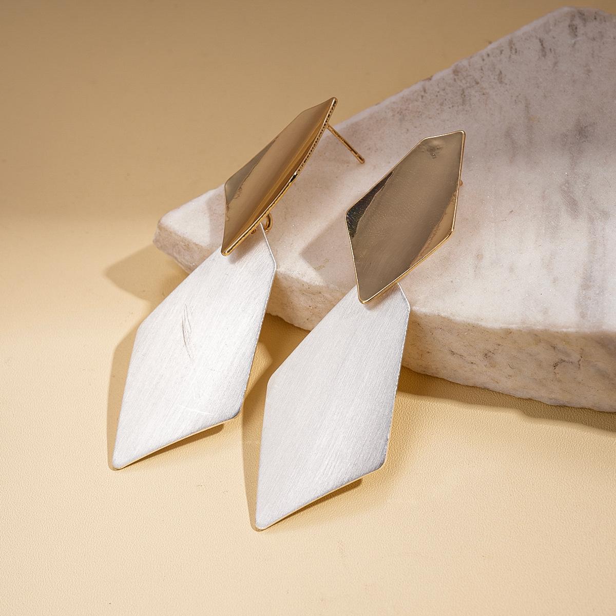 Cold wind irregular rhombus brushed silver needle earrings personality temperament niche earrings