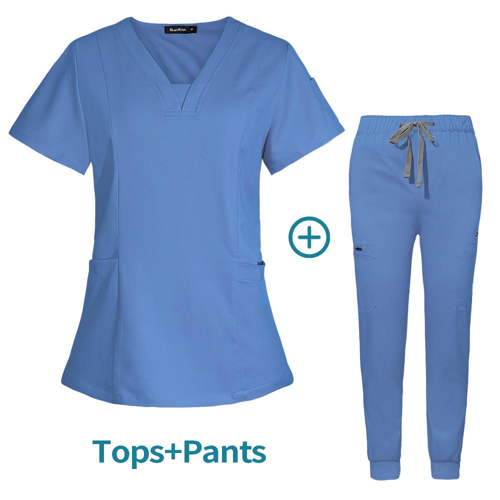 V-neck Women's Hospital Scrub Suit with Short Sleeves and Printed Design